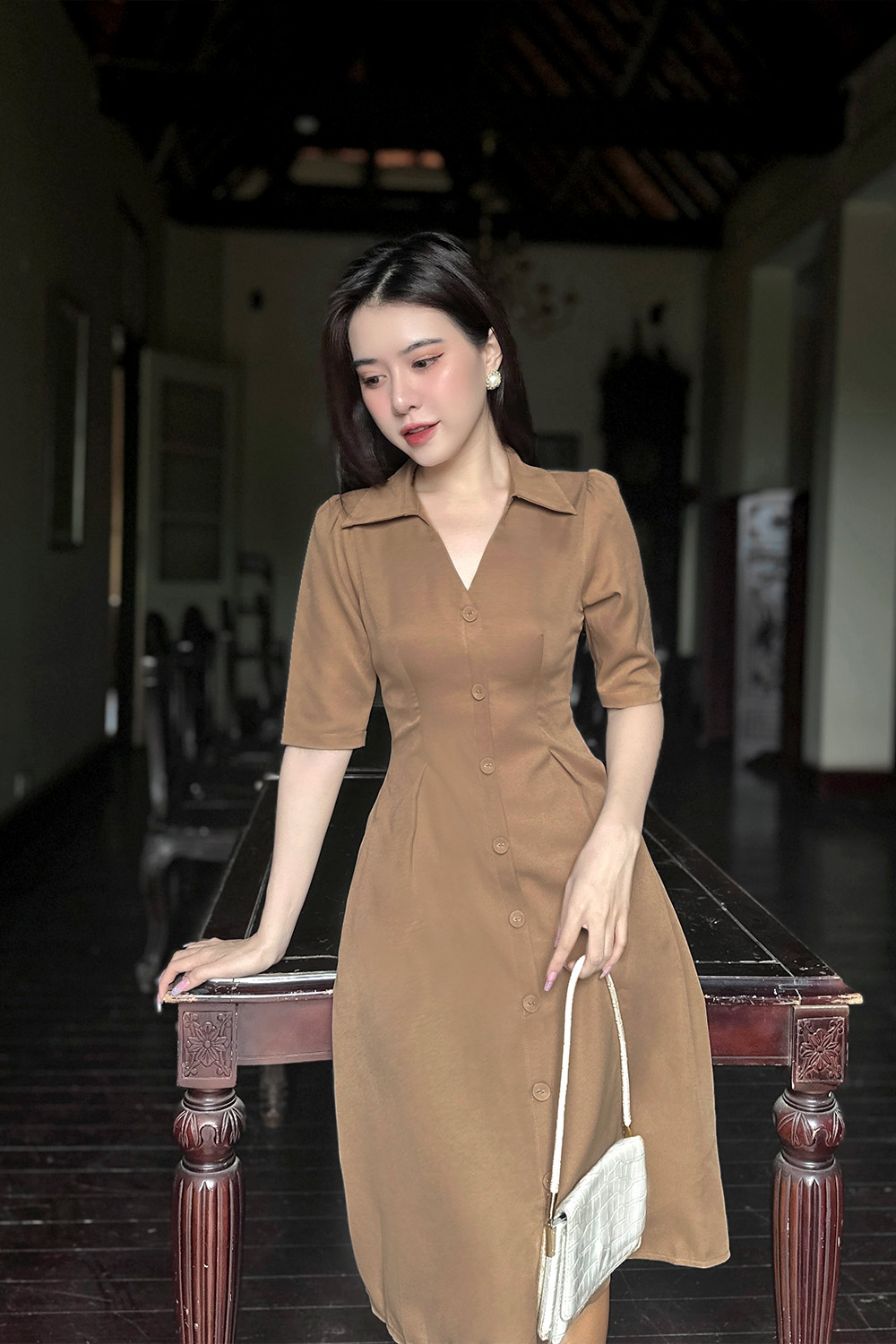 Đầm xòe công sở tay lỡ cổ sơ mi