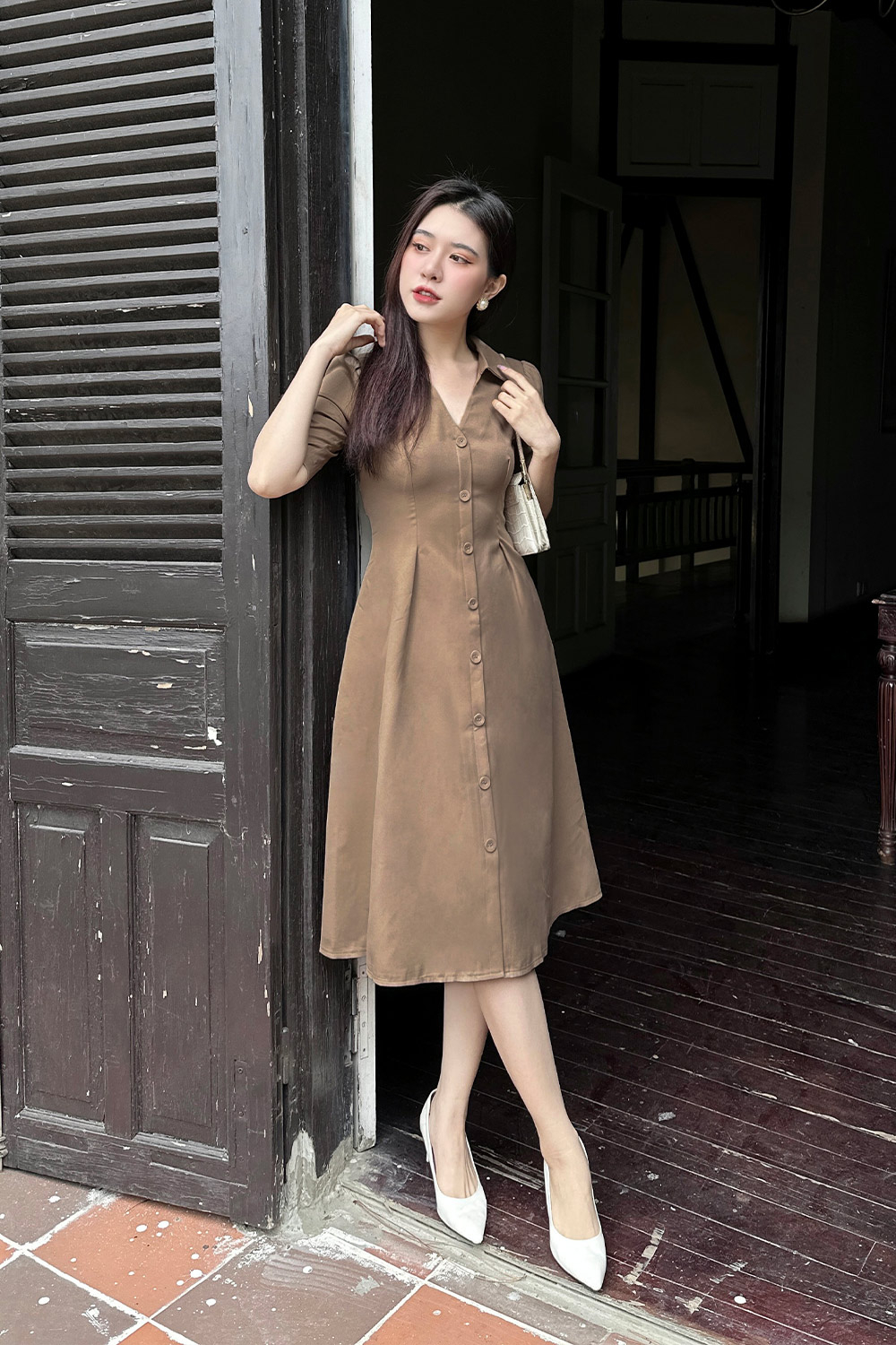 Đầm xòe công sở tay lỡ cổ sơ mi