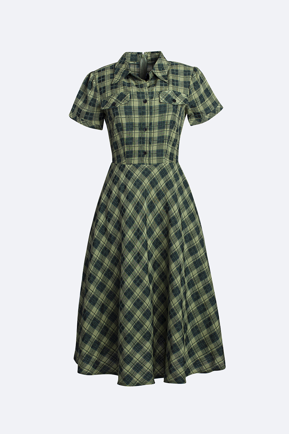 Đầm xòe cổ sơ mi họa tiết caro