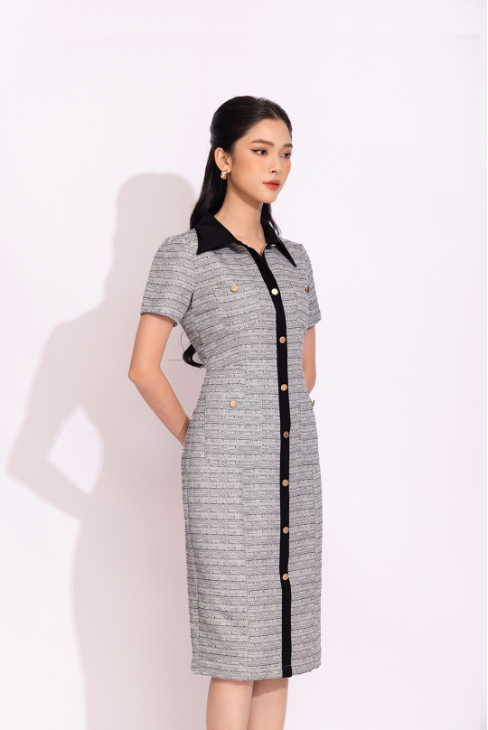 Đầm ôm công sở màu xám hợp mệnh kim cổ sơ mi KK120-09
