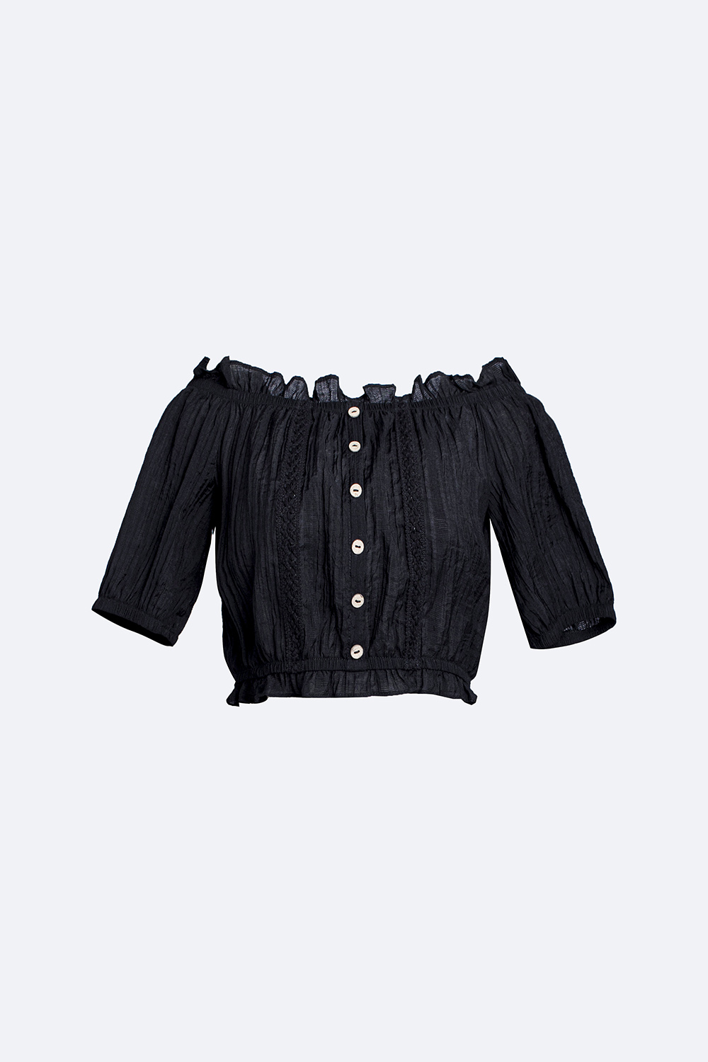 Áo kiểu trễ vai bo chun phối nút