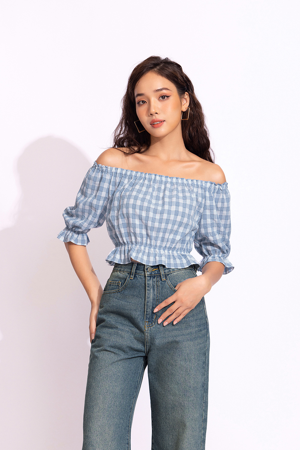 Áo croptop nữ họa tiết caro trắng xanh