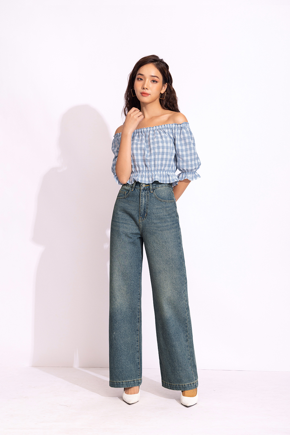 Áo croptop nữ họa tiết caro trắng xanh