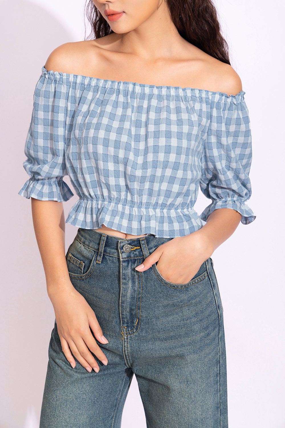 Áo croptop nữ họa tiết caro trắng xanh