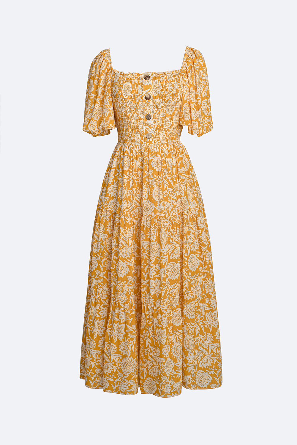 Đầm xòe dáng dài bo chun ngực phối nút