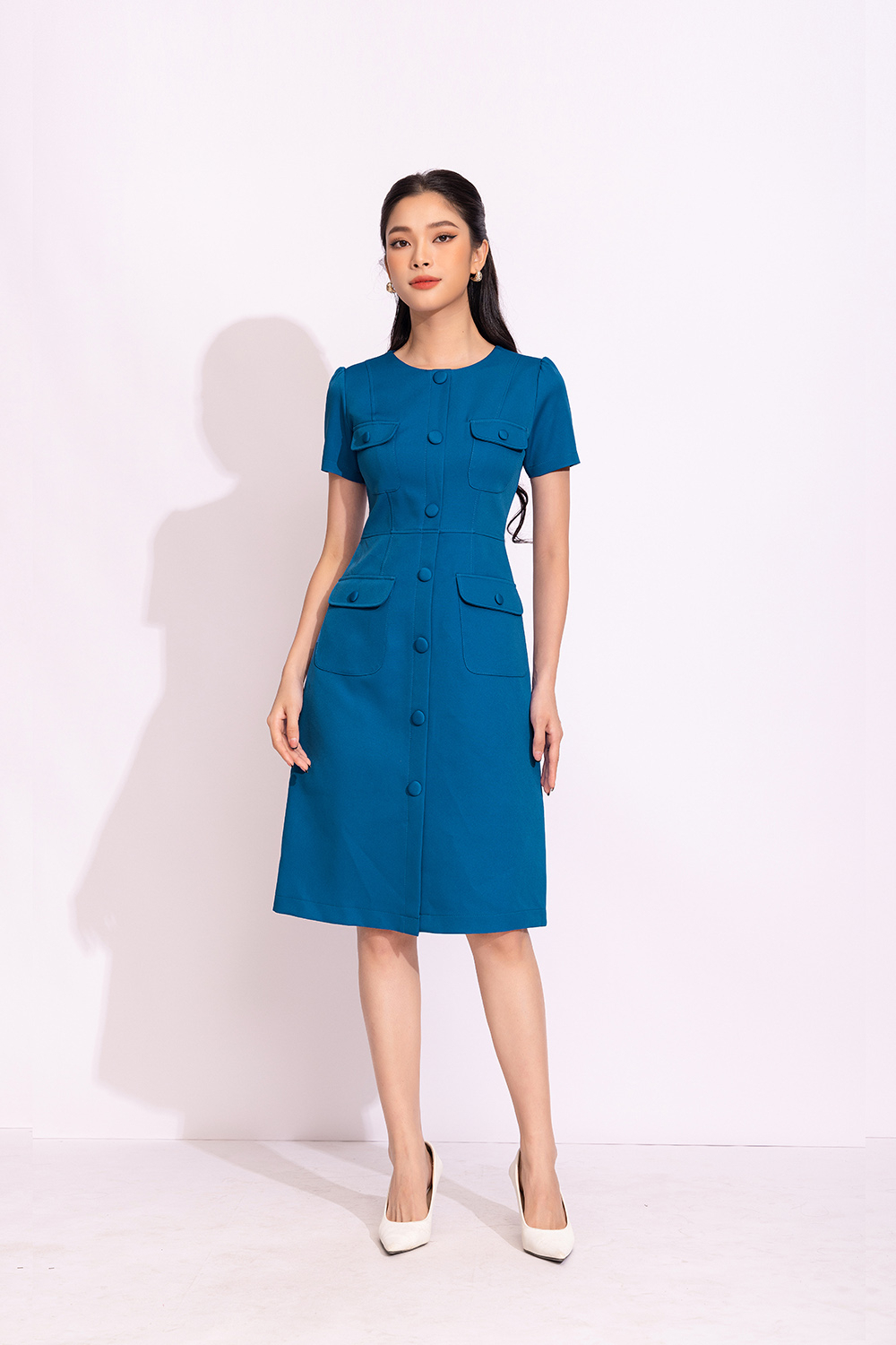 Đầm sơ mi chữ A công sở phối túi
