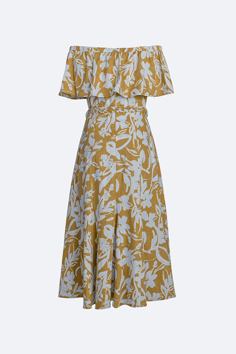 Đầm xòe trễ vai họa tiết phối đai eo