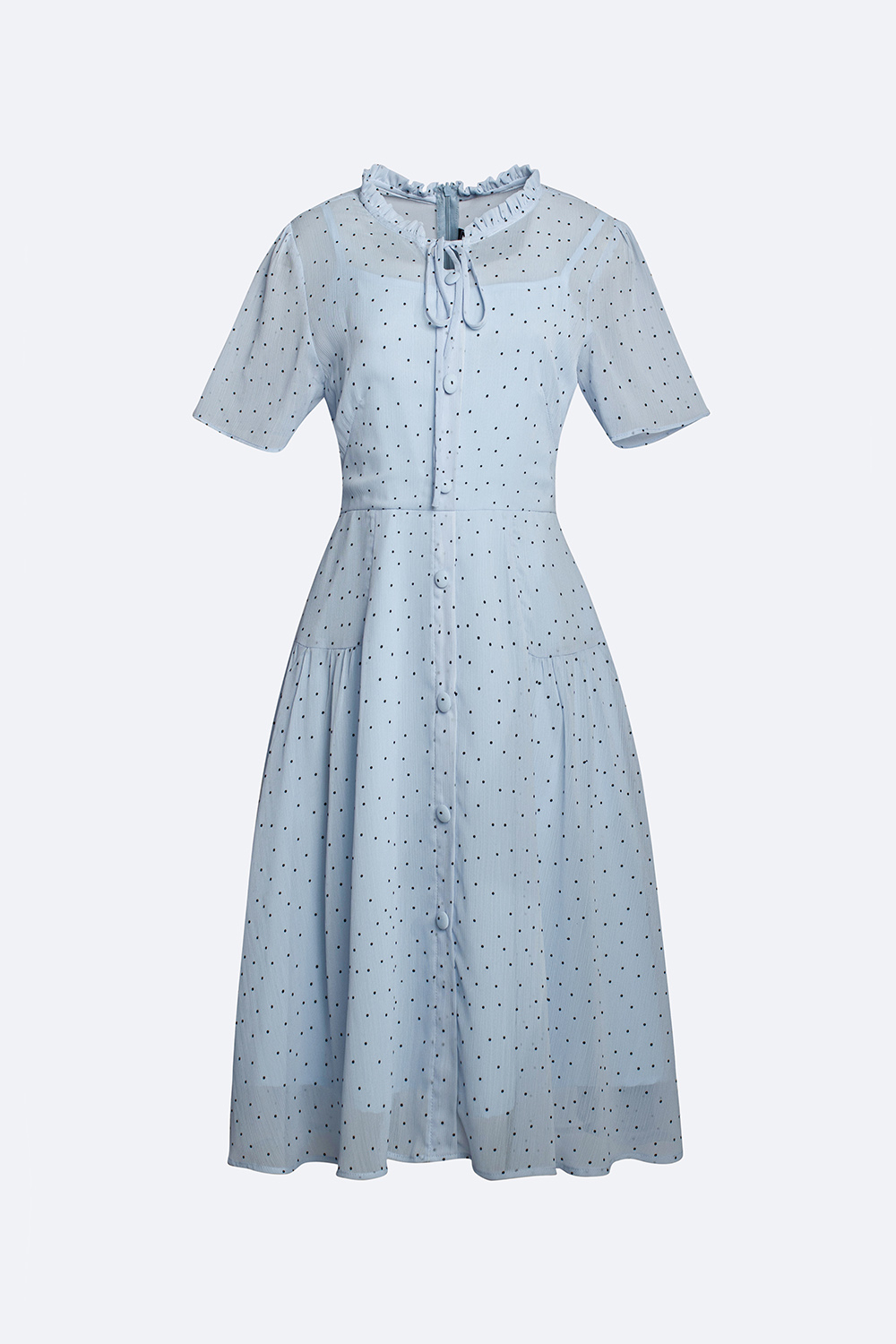 Đầm xoè chấm bi cổ viền bèo