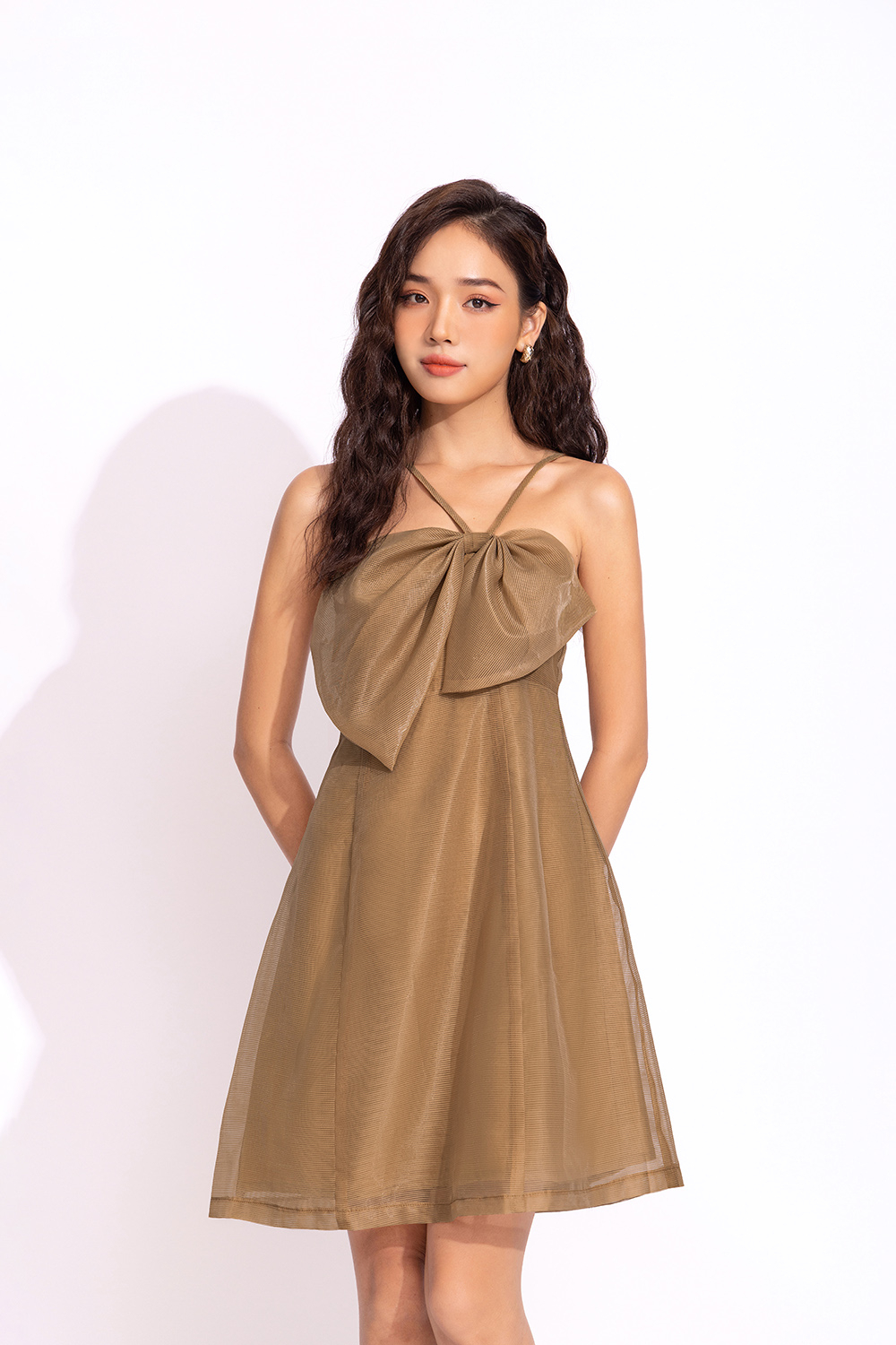 Đầm hai dây dự tiệc phối nơ dáng xòe