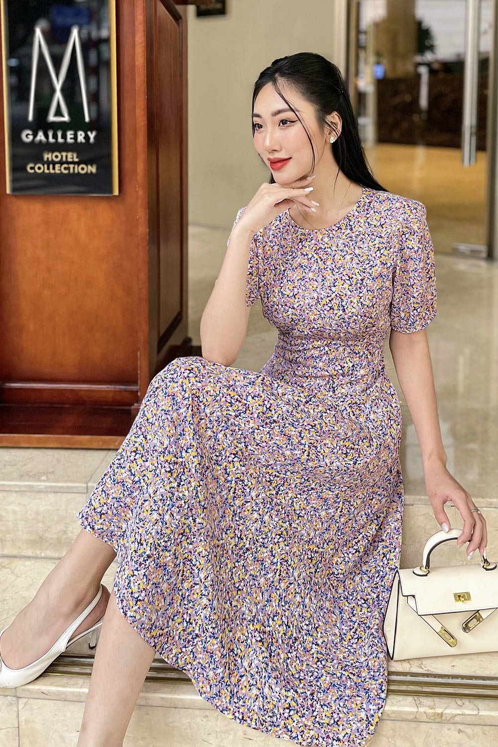 Đầm xòe chữ A họa tiết hoa nhí