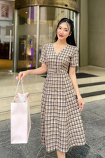 Đầm caro dáng chữ A công sở cổ V