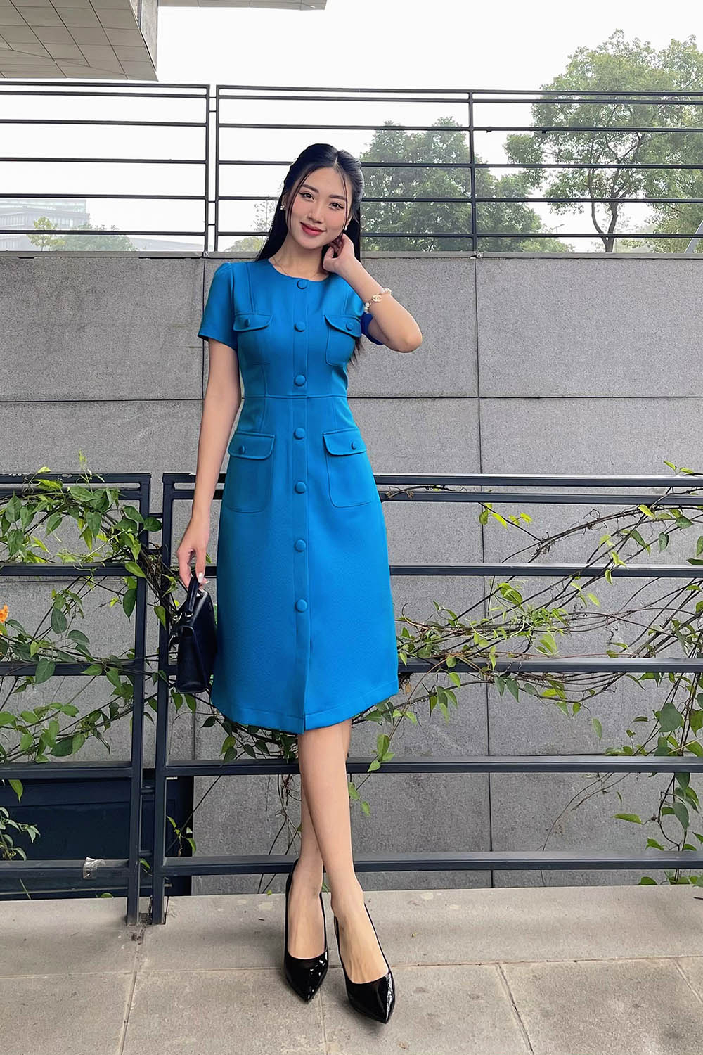 Đầm sơ mi chữ A công sở phối túi