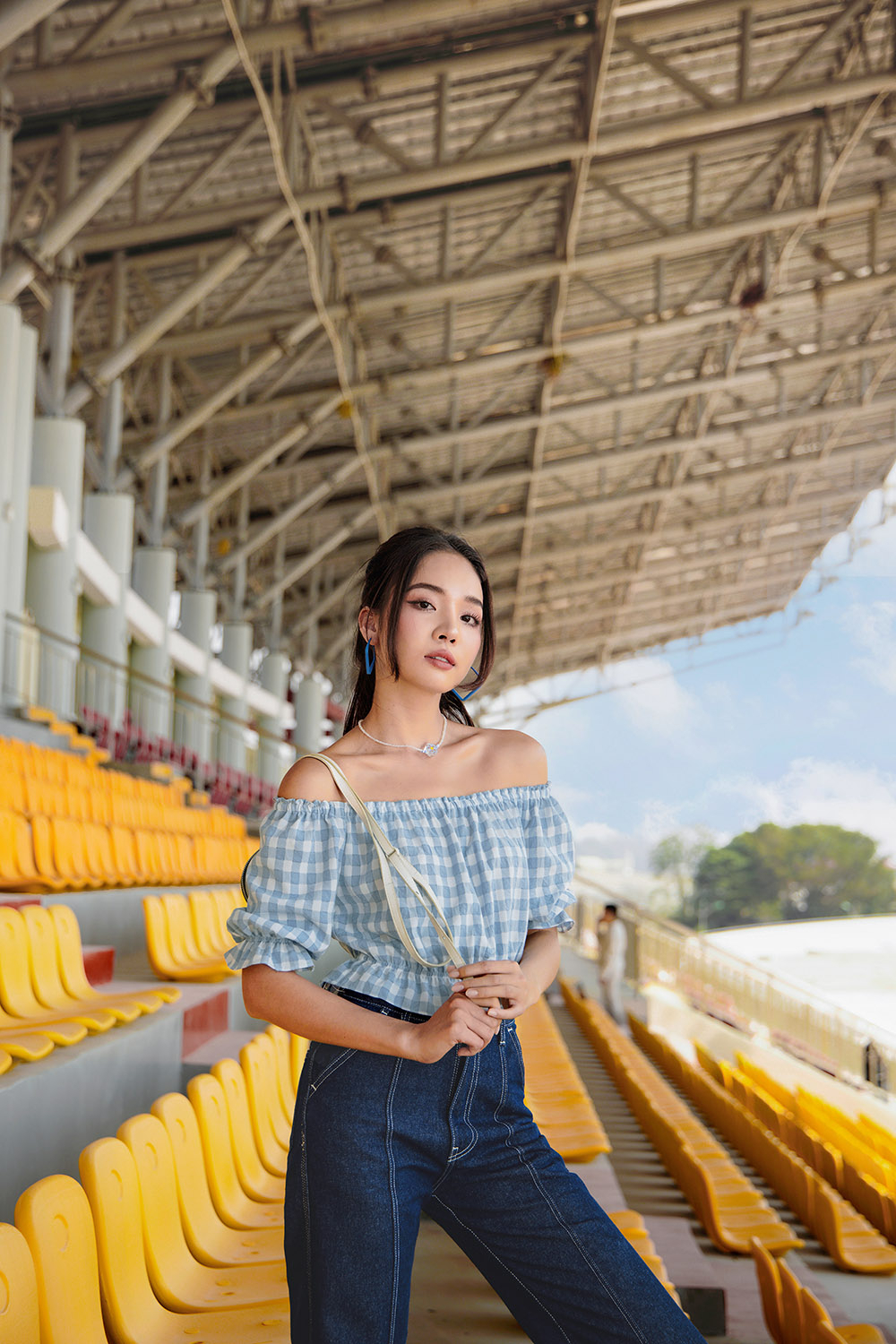 Áo croptop nữ họa tiết caro trắng xanh