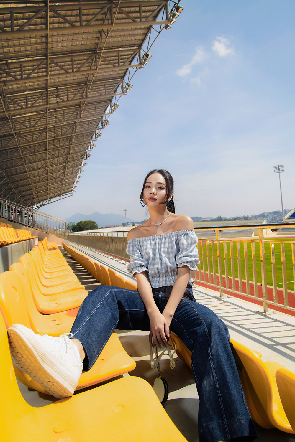 Áo croptop nữ họa tiết caro trắng xanh