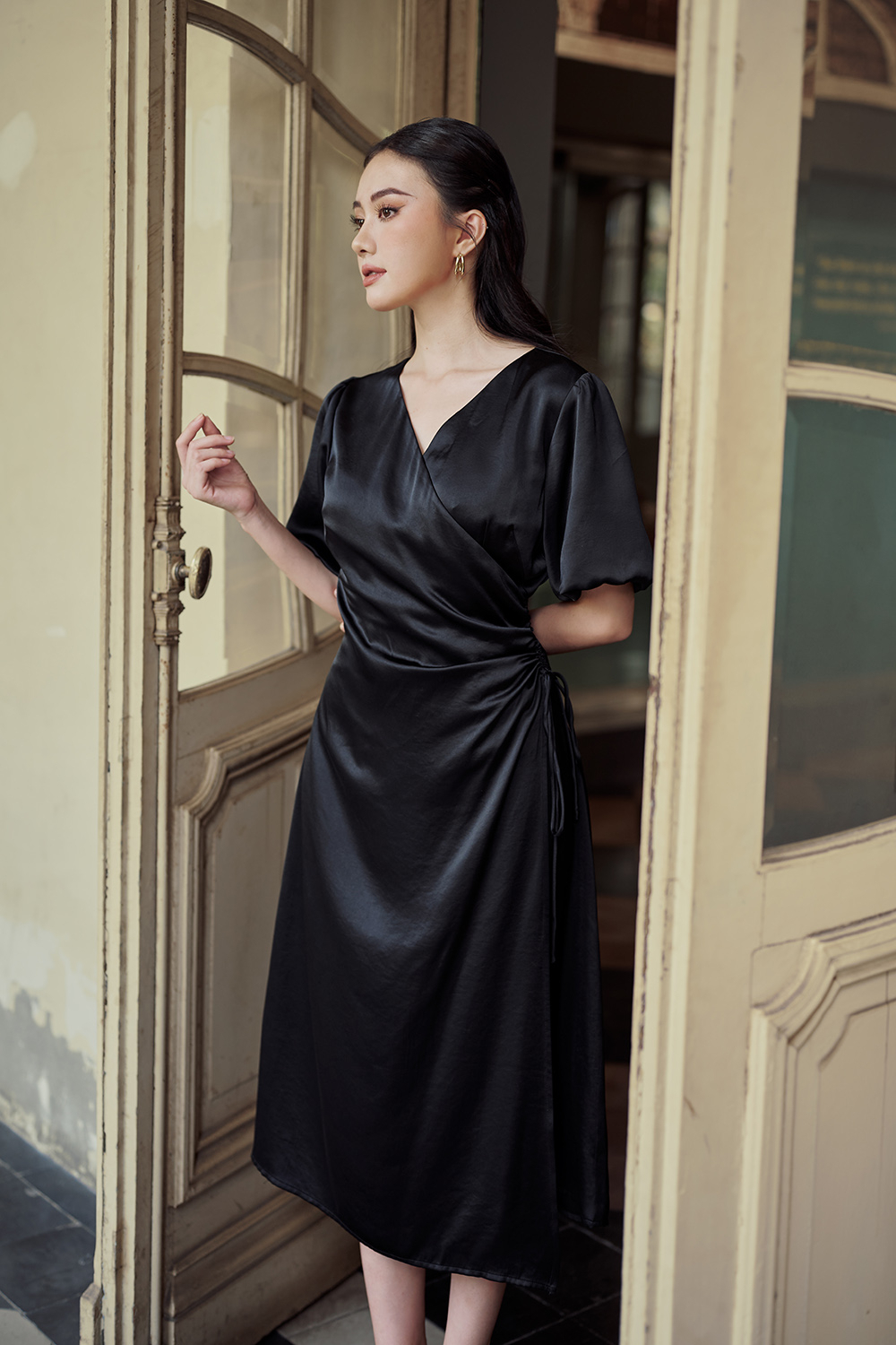 Đầm wrap dress cổ tim chéo thắt nơ