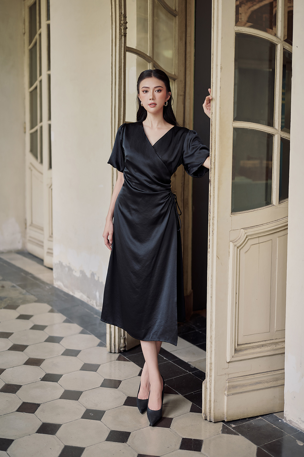 Đầm wrap dress cổ tim chéo thắt nơ