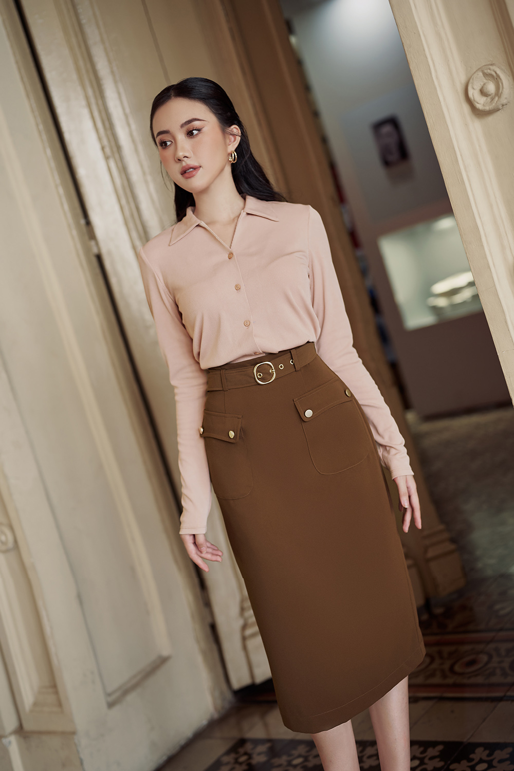 Áo thun cổ sơ mi tay dài phốt nút