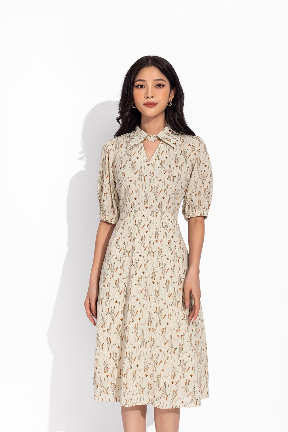 Đầm hoa công sở dáng xòe A cổ sơ mi