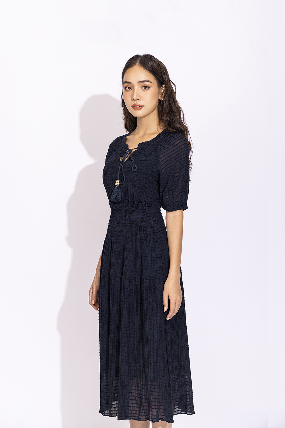 Đầm voan xòe dáng dài eo bo chun