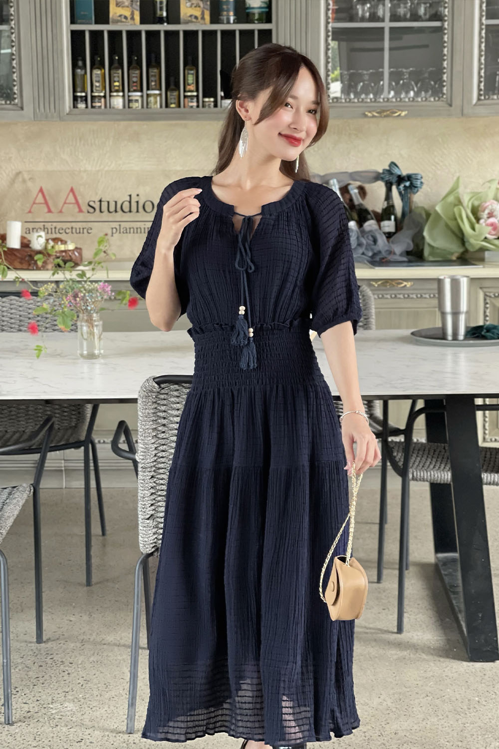 Đầm voan xòe dáng dài eo bo chun