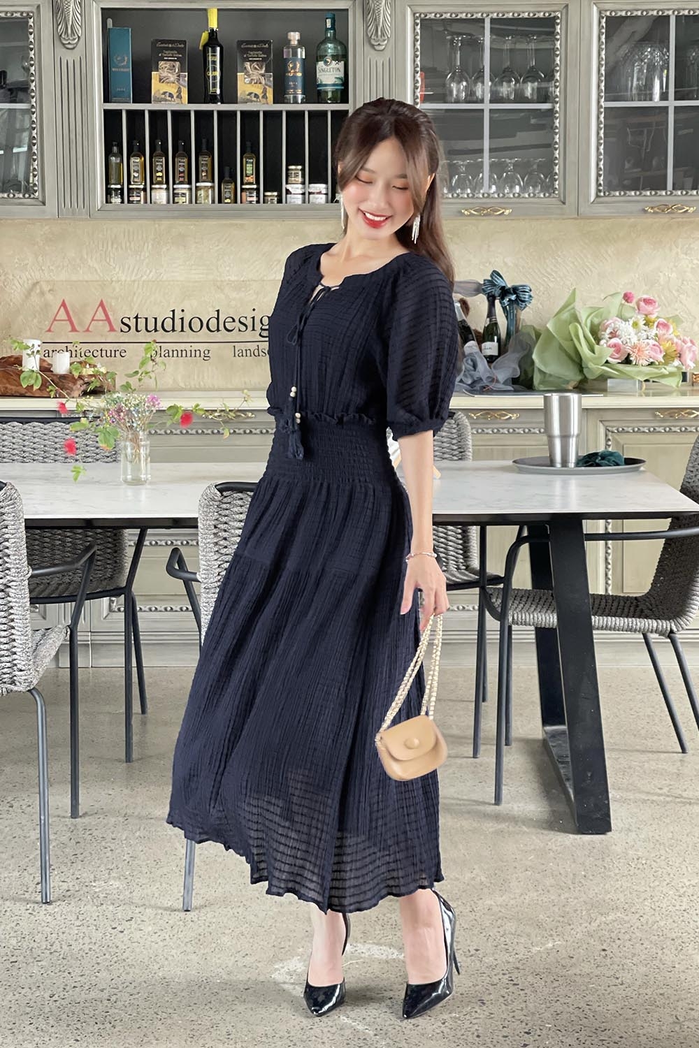 Đầm voan xòe dáng dài eo bo chun