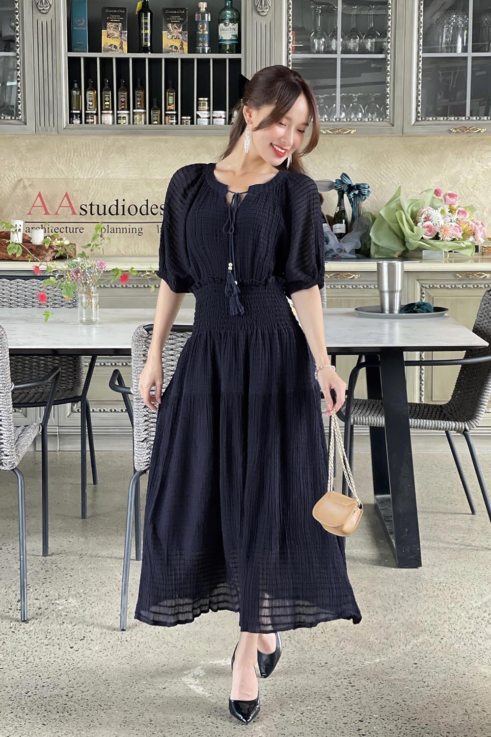 Đầm voan xòe dáng dài eo bo chun