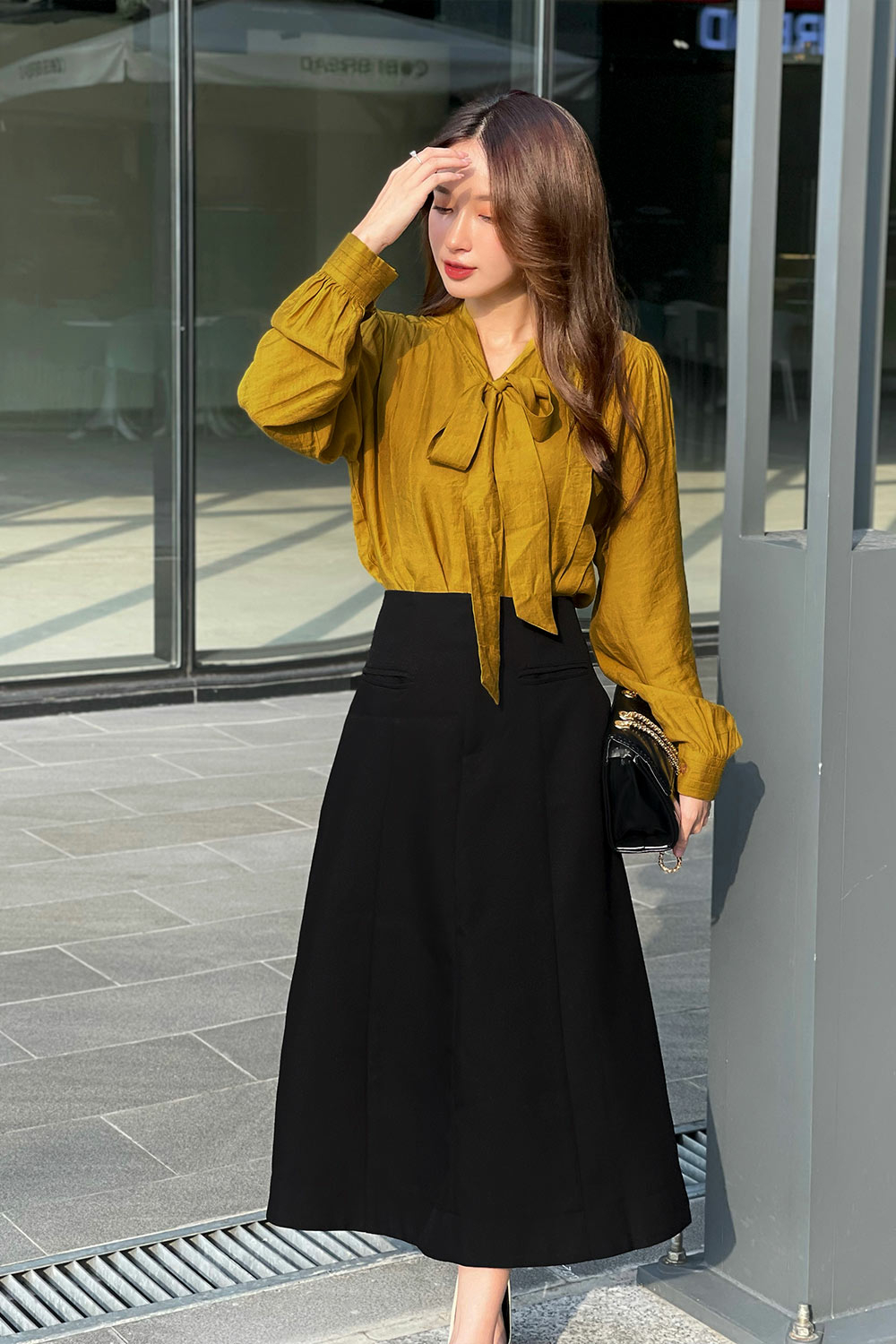 Áo sơ mi nữ công sở cổ phối nơ tay dài