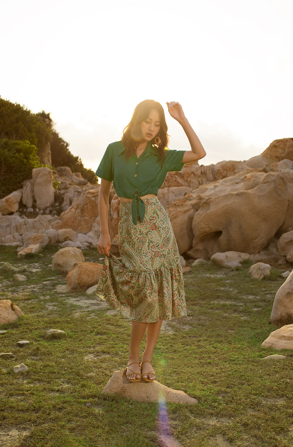 Áo croptop nữ tay ngắn buộc nơ eo