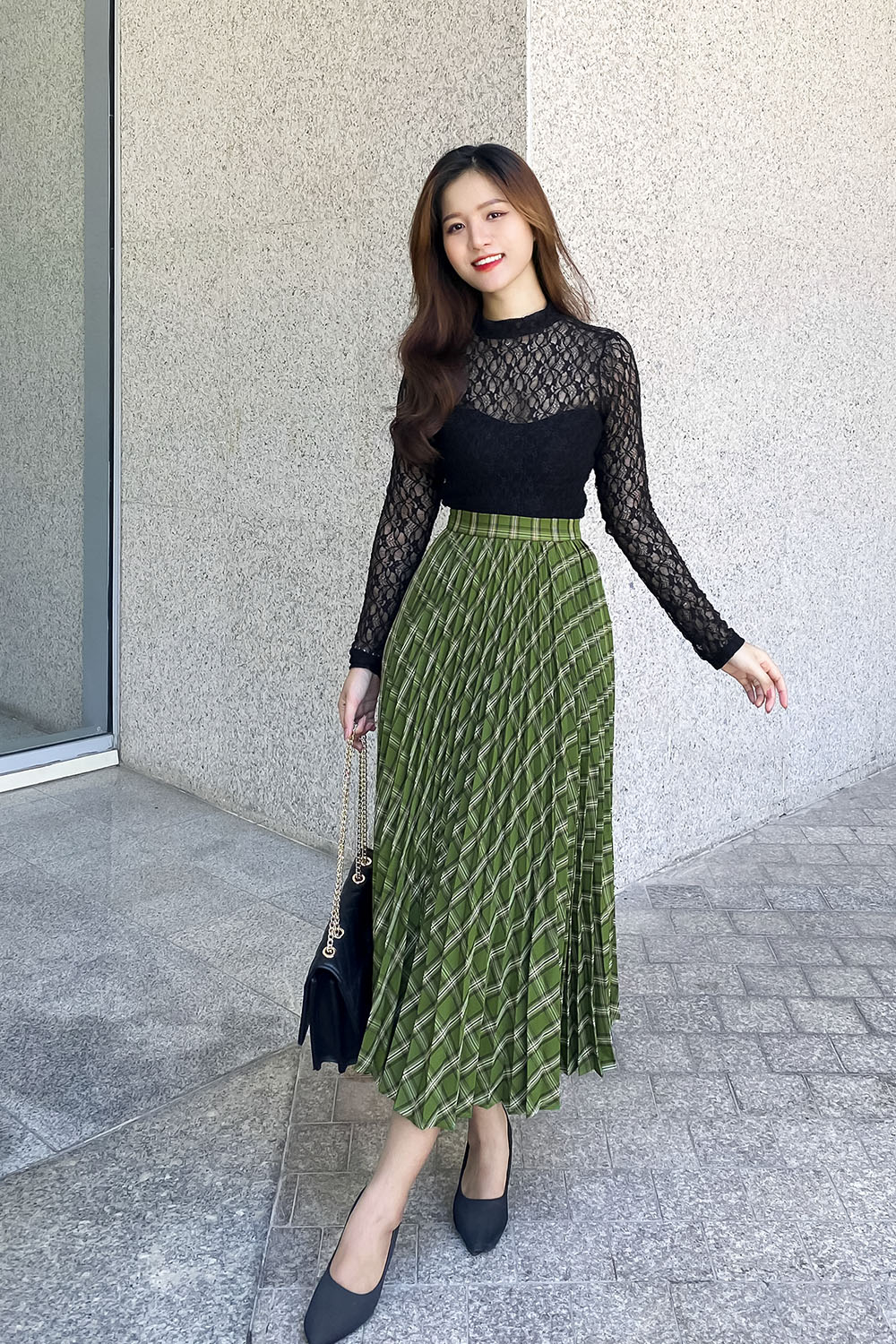 Chân váy midi xòe xếp ly họa tiết caro