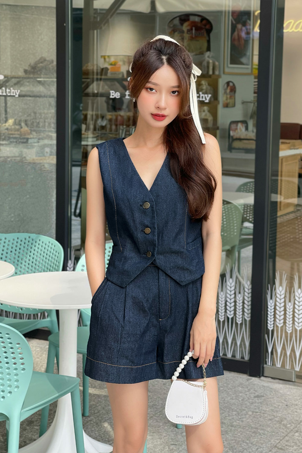 Quần short nữ vải denim hai túi