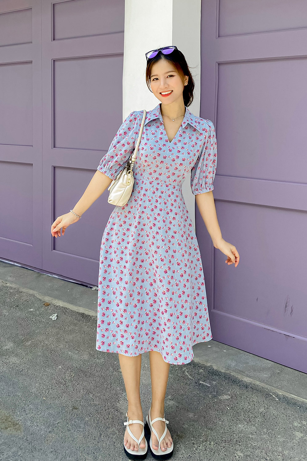 Đầm hoa công sở dáng xòe tay lỡ