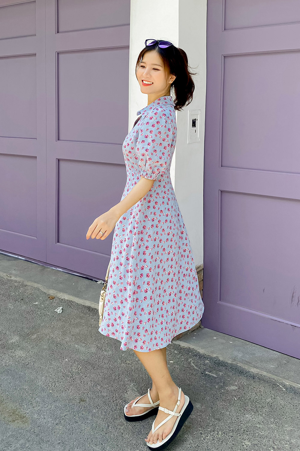 Đầm hoa công sở dáng xòe tay lỡ