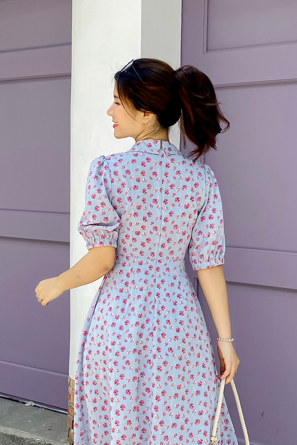 Đầm hoa công sở dáng xòe tay lỡ