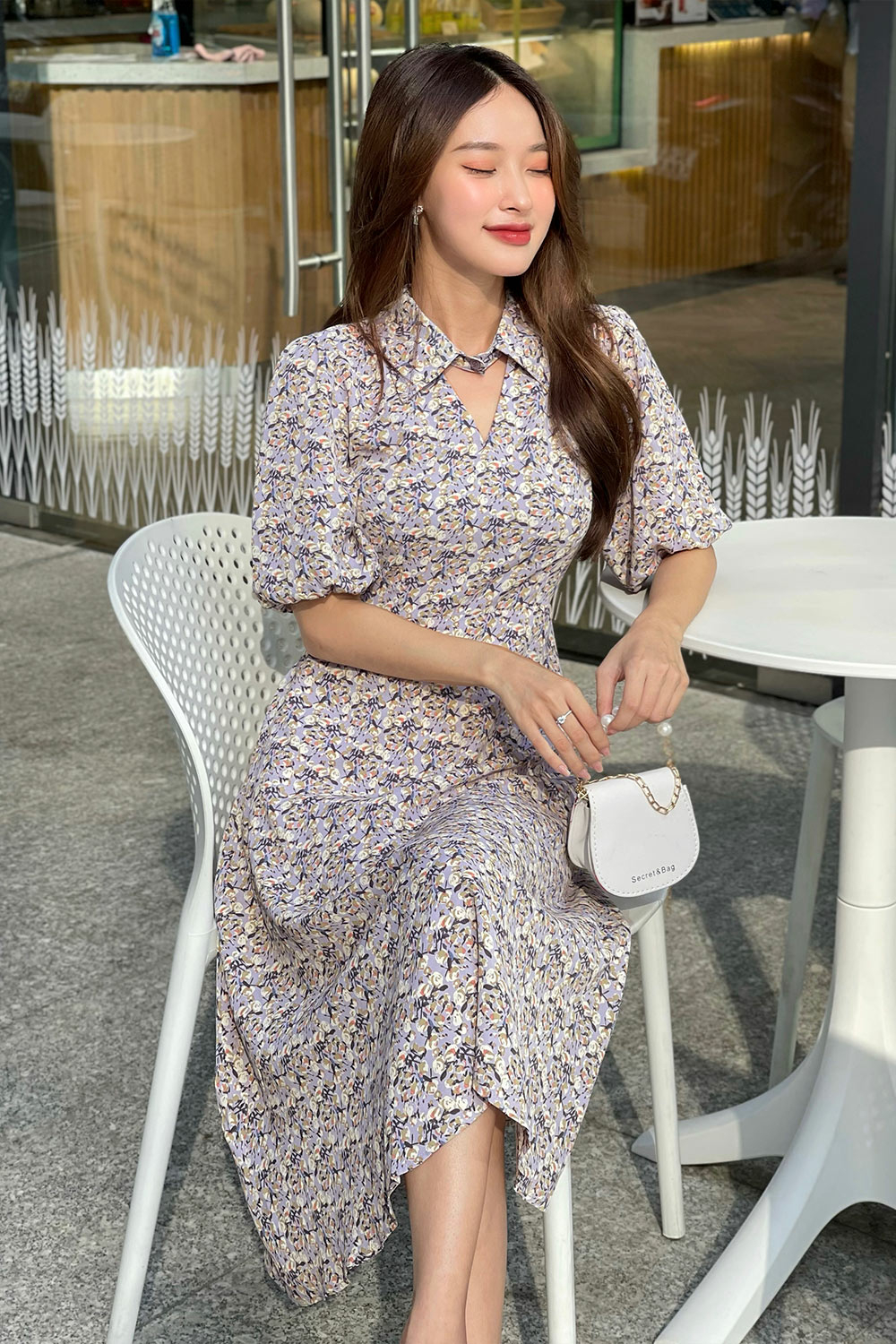 Đầm xòe họa tiết hoa nhí tay lỡ