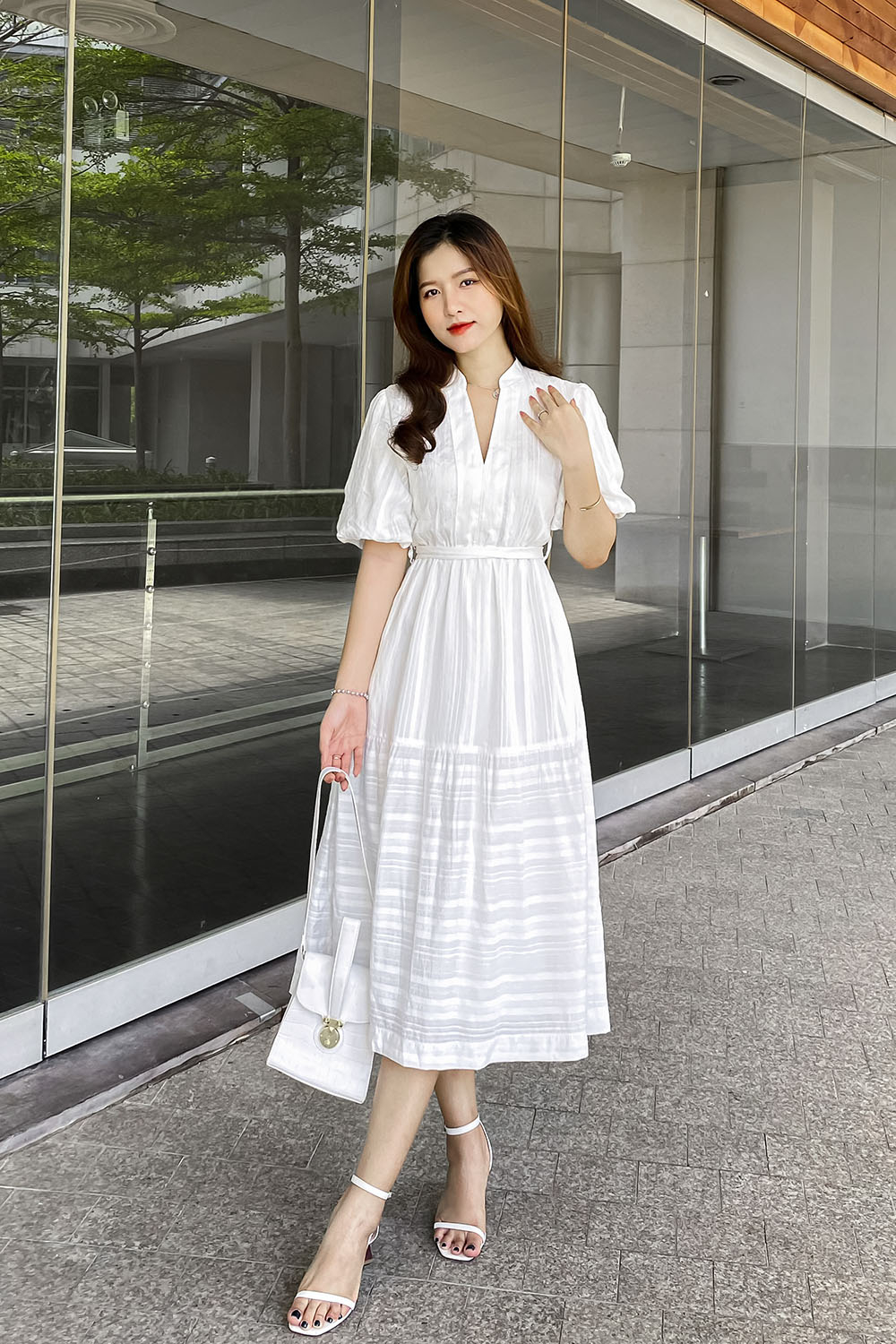 Đầm babydoll gắn nơ cổ tim thời trang Hàn Quốc.Váy trắng xòe Vintage tiểu  thư