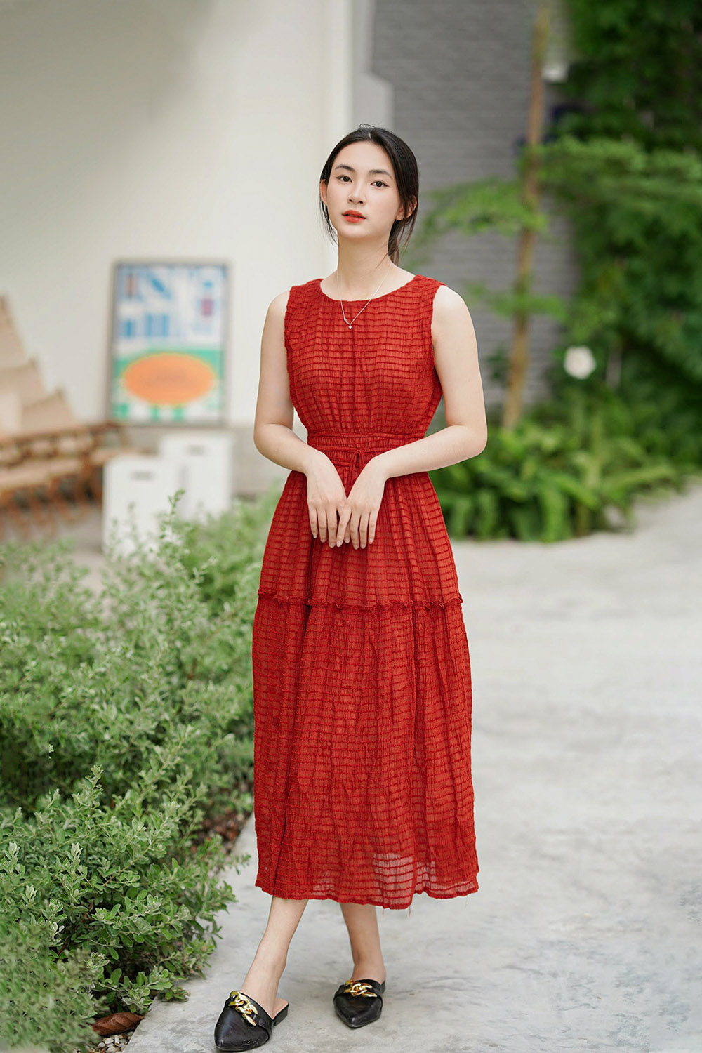 Đầm midi dáng xòe phối nơ eo