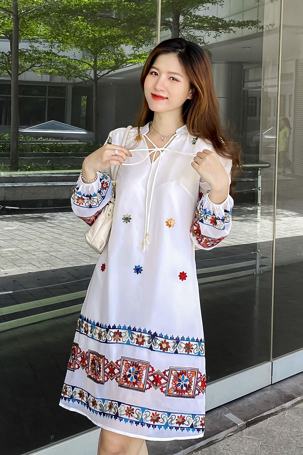 Váy đầm maxi boho thổ cẩm hoạ tiết hoa lá thắt dây eo tay dài bồng vintage  cổ điển đi chơi đi biển | Shopee Việt Nam