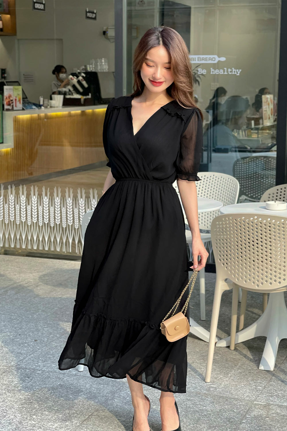 Đầm voan midi đen dáng đuôi cá KK150-29