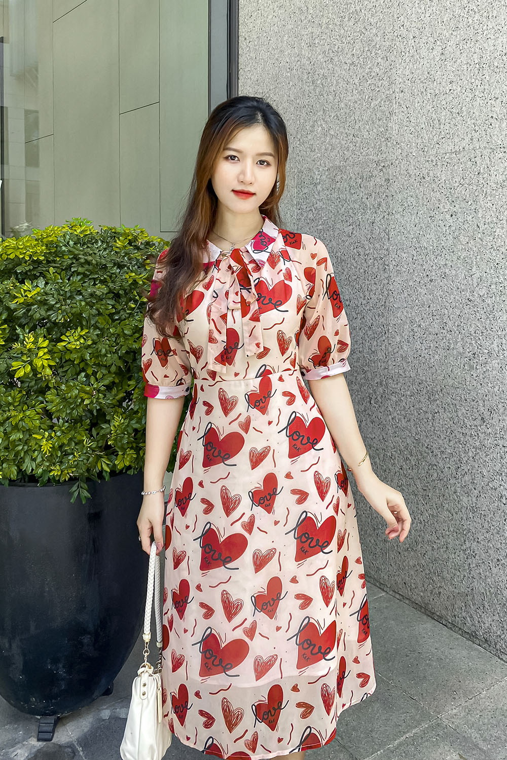 Đầm công sở dáng A cổ phối nơ