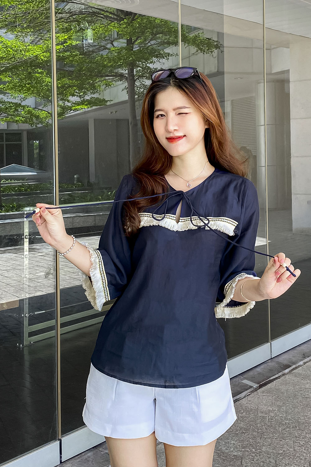 Áo kiểu nữ tay lỡ phối viền