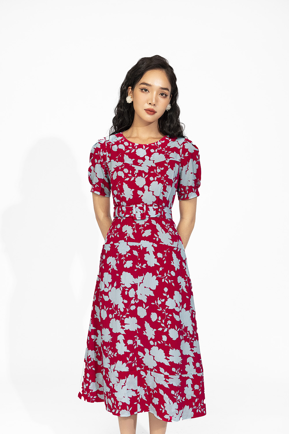 Đầm xòe đuôi cá phối belt họa tiết hoa