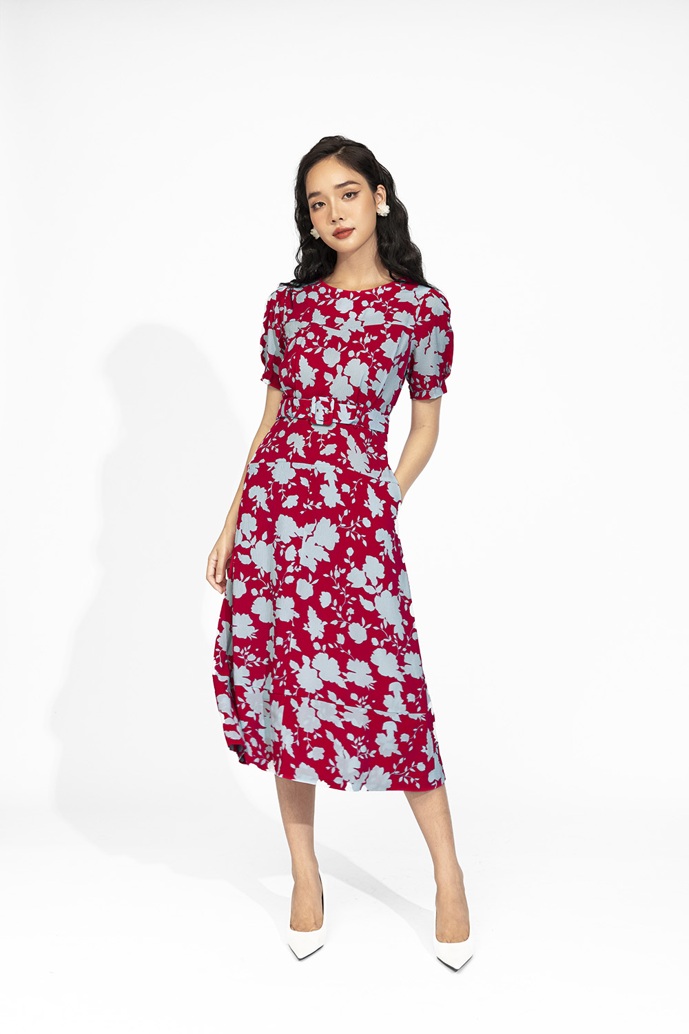 Đầm xòe đuôi cá phối belt họa tiết hoa