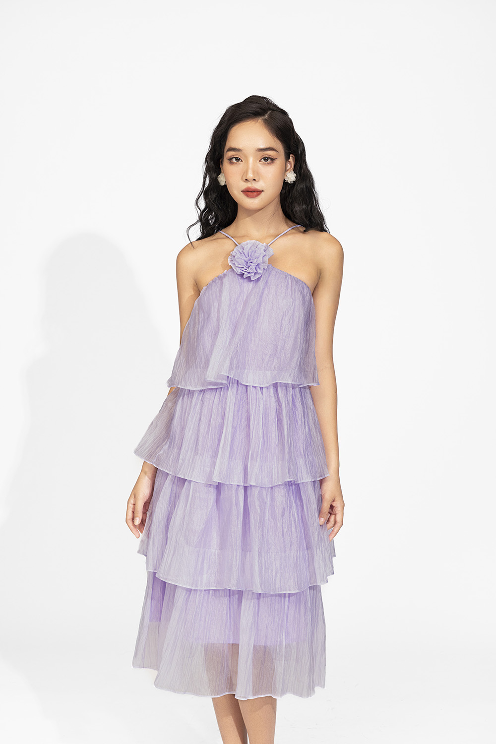 Đầm xòe nhiều tầng hai dây phối hoa