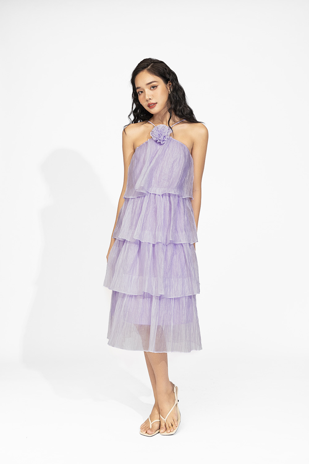 Đầm xòe nhiều tầng hai dây phối hoa