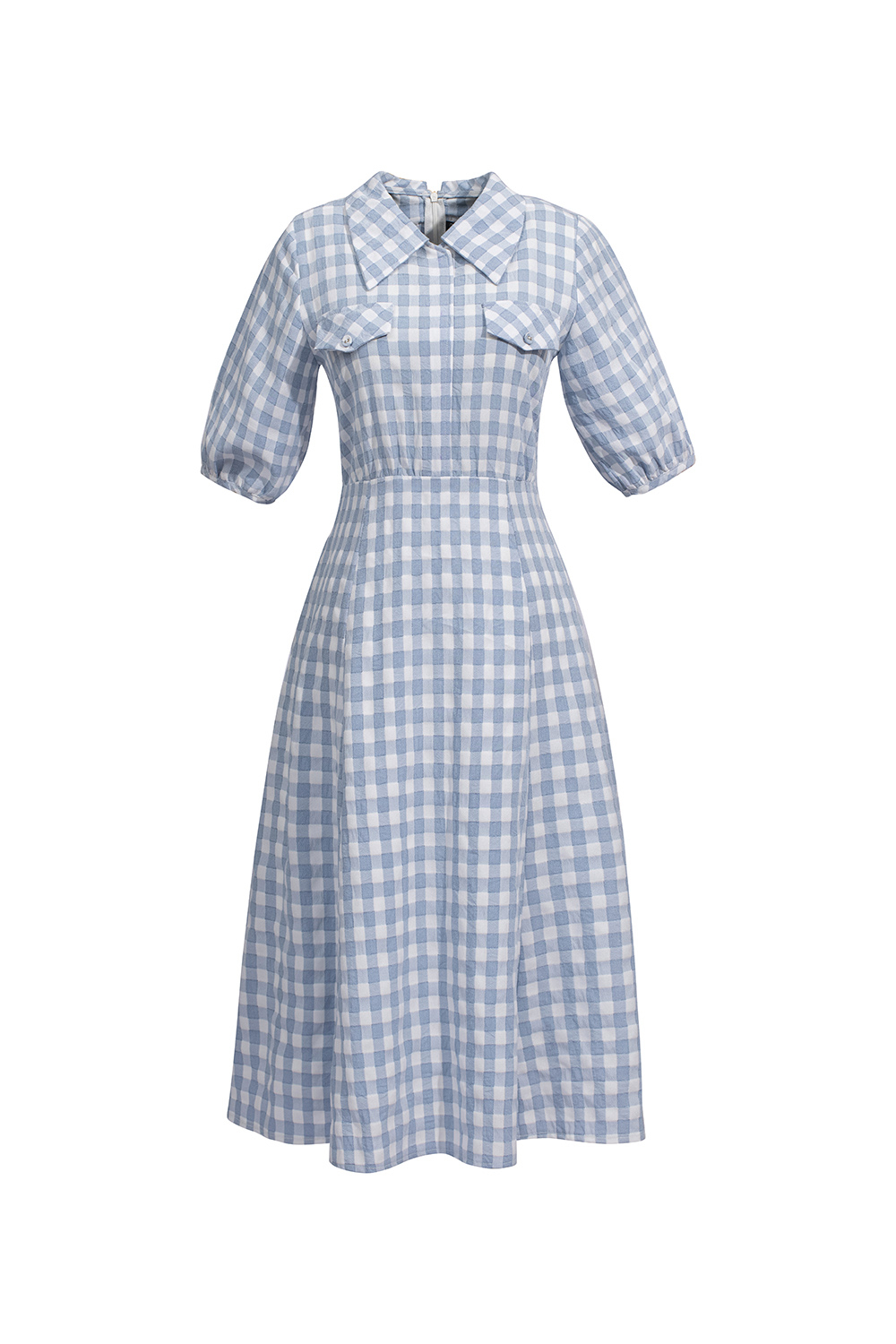 Đầm caro gingham tay lửng dáng xòe cổ sơ mi