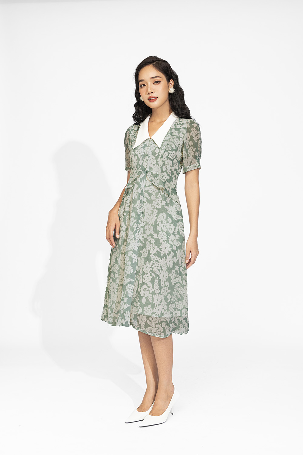 Đầm chữ A họa tiết hoa cổ sen phối bèo