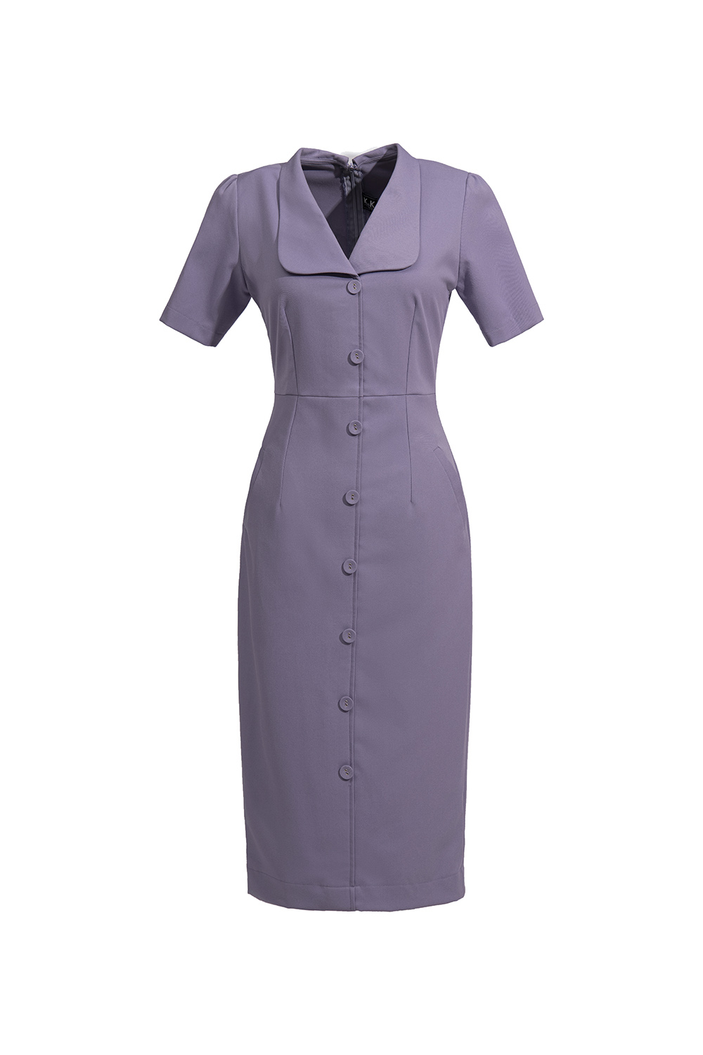 Đầm tím ôm body cổ sen phối nút