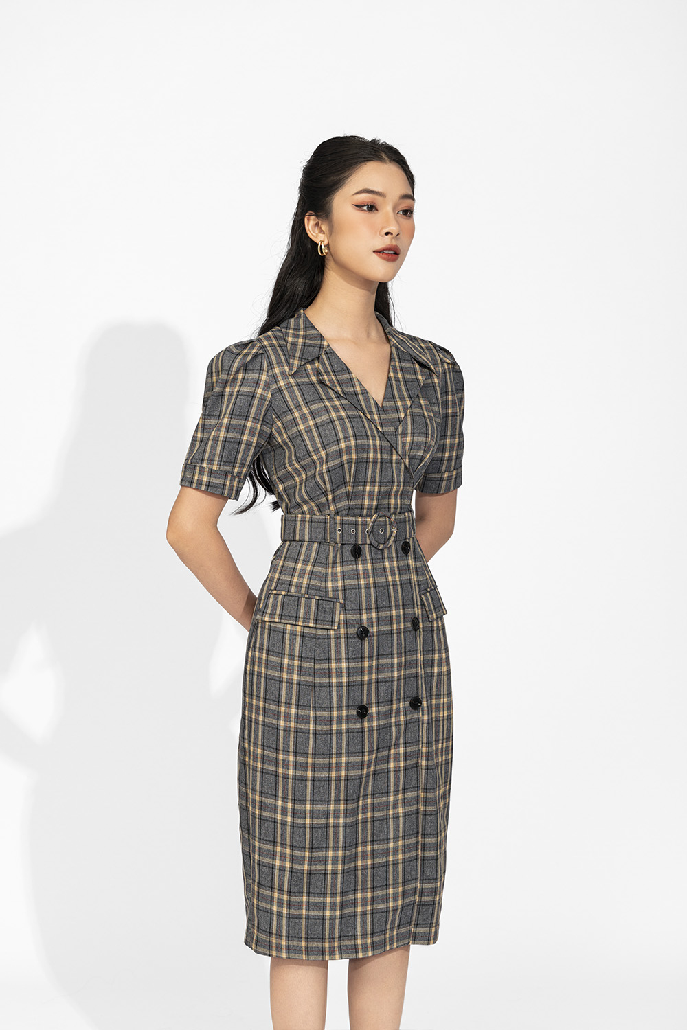 Đầm ôm công sở họa tiết caro cổ đan tông KK160-32