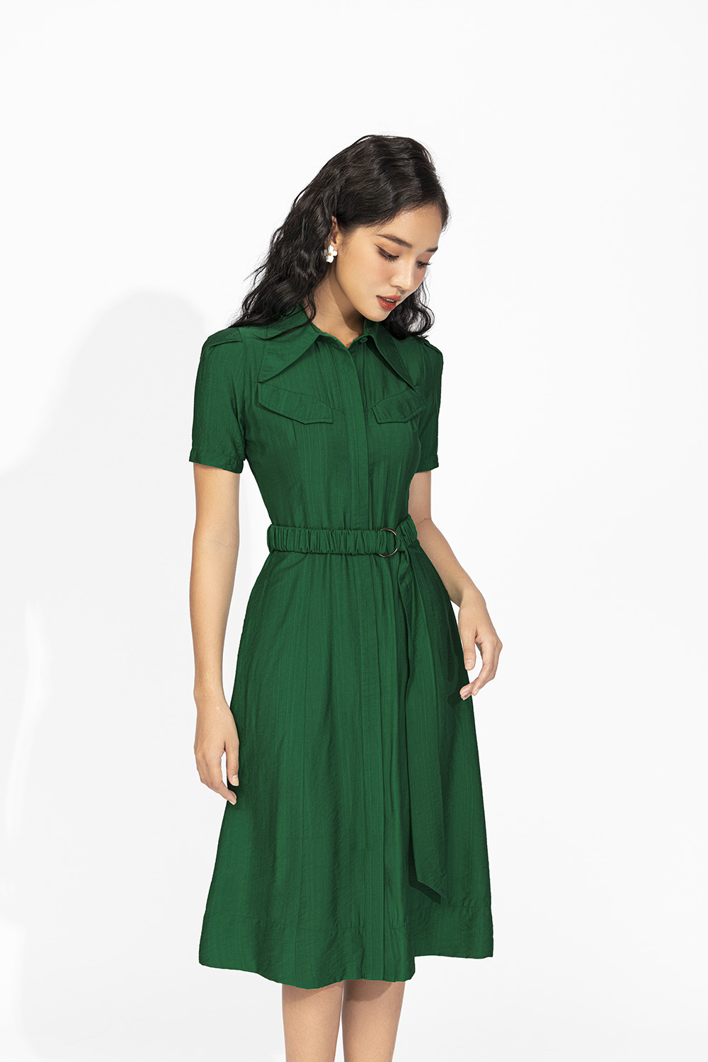 Đầm công sở dáng xòe cổ sơ mi