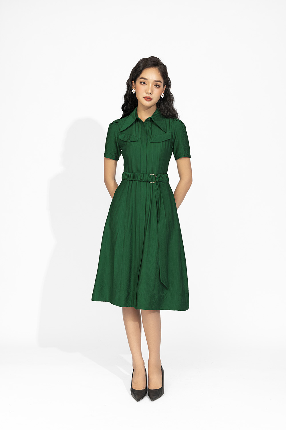 Đầm công sở dáng xòe cổ sơ mi